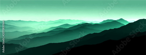 Tablou pe pânză Ethereal mountain range, shrouded in atmospheric mist, unfolds vista of layered peaks in gradient shades of turquoise and deep green, evoking serenity and majestic grandeur
