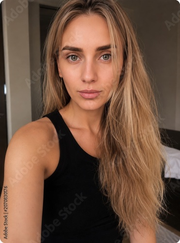 Cuadro en lienzo Natural portrait of a confident blonde woman with long hair and minimal makeup looking at camera indoors