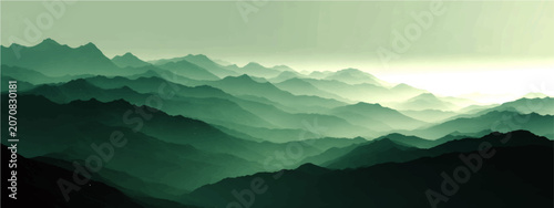 Cuadro en lienzo Misty green mountain range shrouded ethereal fog, creates mysterious serene atmosphere, distant peaks fade soft light
