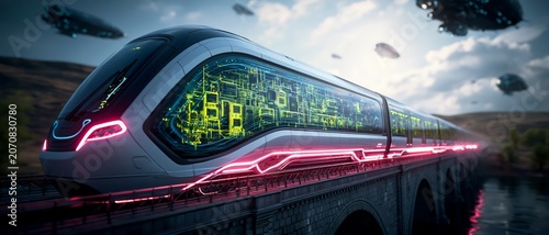 Futuristic white and silver high-tech train with transparent windows revealing bright green electronic components, blending advanced engineering, clean energy, and innovative transportation design.