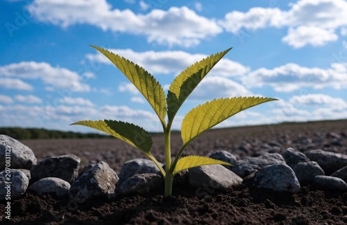 Young Plant Growing Through Rocky Soil Under Bright Cloudy Sky For Growth Concepts