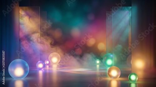 Colorful glowing spheres and geometric glass panels, bokeh