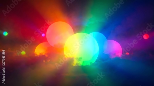 Abstract rainbow glowing spheres with light rays, bokeh