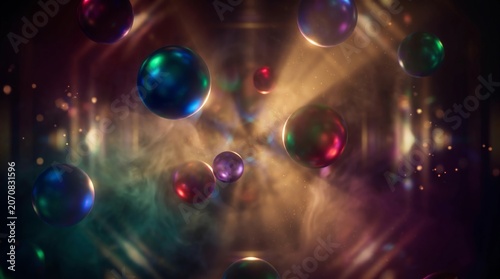 Floating multicolored iridescent glossy spheres, bokeh