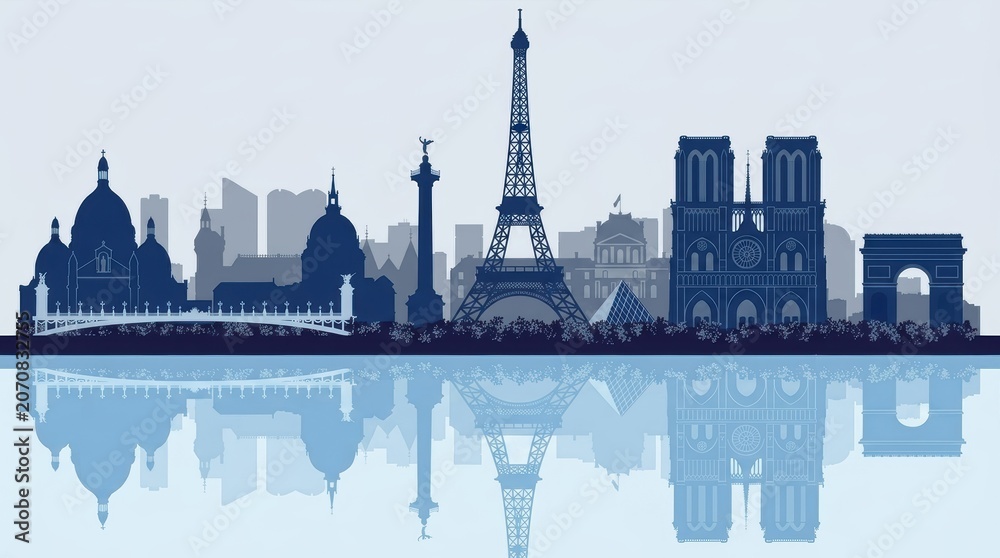 Obraz premium A horizontal banner featuring a black-and-white silhouette of the Paris skyline, including iconic landmarks and architectural elements. The vector-style design represents Paris, France.