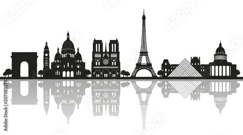 A horizontal banner featuring a black-and-white silhouette of the Paris skyline, including iconic landmarks and architectural elements. The vector-style design represents Paris, France.