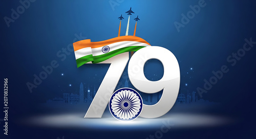Indian flag and number seventy nine with cityscape celebratory illustration