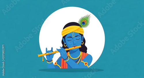Krishna Playing Flute Illustration With Teal And Yellow Accents hindu