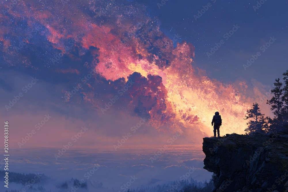 Fototapeta premium astronaut gazing at supernova explosion from a cliff