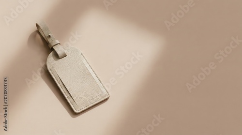 A textured cream-colored luggage tag with a simple strap lays diagonally on a smooth, warm beige background