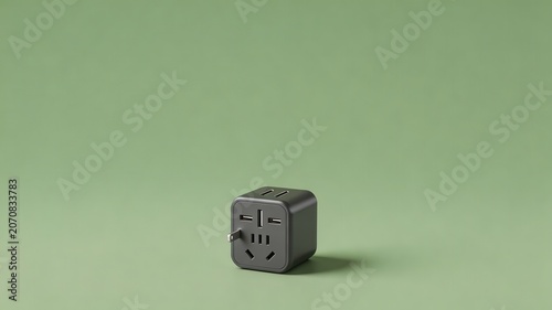 A dark gray universal travel adapter, featuring various power outlets and USB charging ports, sits centered on a plain light green background