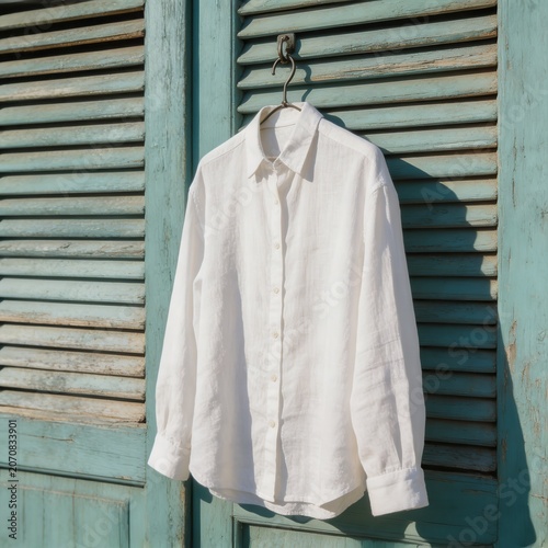 A simple white long-sleeved linen shirt hangs from a metal hook against old, chipped blue wooden louvered shutters. Bright sunlight illuminates the scene, casting clear shadows on the rustic surface