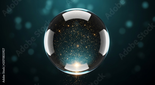 Crystal sphere with golden particles illuminated against a dark teal backdrop