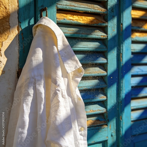 A crisp white linen shirt hangs from a rustic hook on a textured wall, beside weathered blue wooden shutters