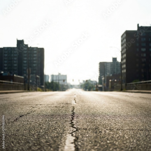 The surface of a city street dominates the foreground, showing a distinct crack and a faded white line