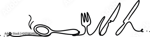 Fotografía Continuous line art of table cutlery spoon fork and knife with restaurant