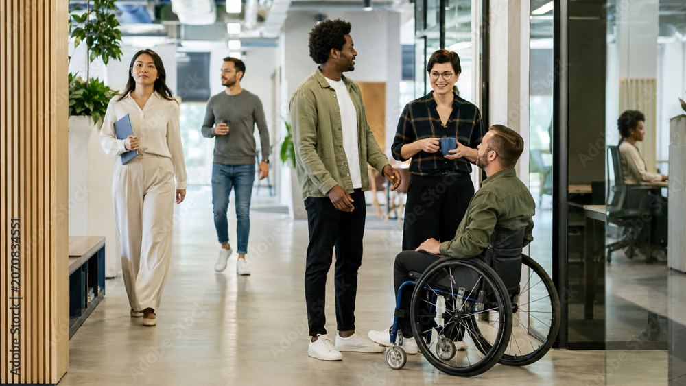 Fototapeta premium Accessible modern office with diverse employees and inclusive design
