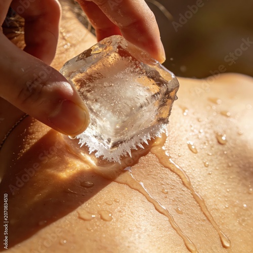 A person applies a clear, cold ice cube to their bare skin, which glistens with melted water. Drops run down the body, creating refreshing streams
