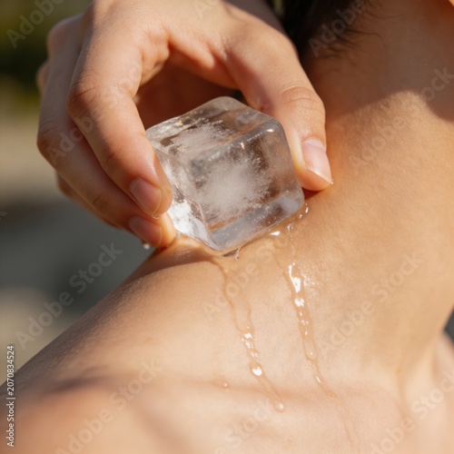 A person's hand holds a clear ice cube against their bare neck and shoulder area. The ice cube melts, and water drips down the skin, providing a cooling sensation on a bright, warm day outdoors