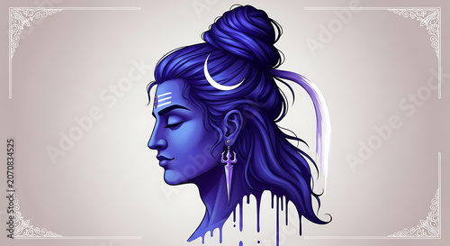 Portrait of shiva with blue skin and flowing hair ornate illustration