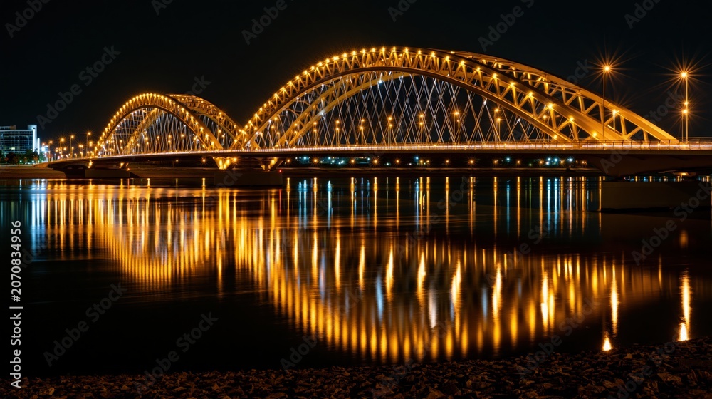 Fototapeta premium Bridge illuminated at night over river reflection long exposu