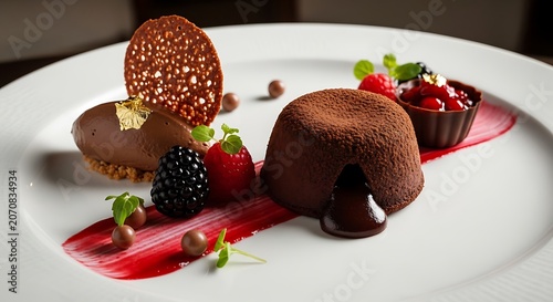 Chocolate desserts with fresh berries on white plate