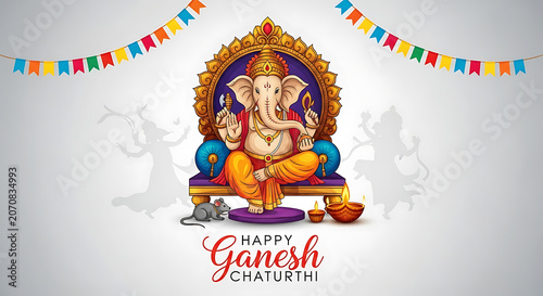 Ganesha Illustration With Dancers And Mouse Festive Religious Artwork hindu