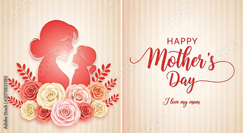 Silhouette Of Mother And Child With Roses Floral Illustration Style