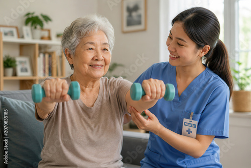 An older woman smiles while lifting dumbbells with the help of a nurse in a well-lit room. The nurse offers support and encouragement.