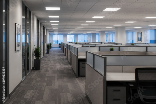 An open office layout with rows of empty cubicles. Large windows allow natural light to fill the area. Potted plants add some greenery.