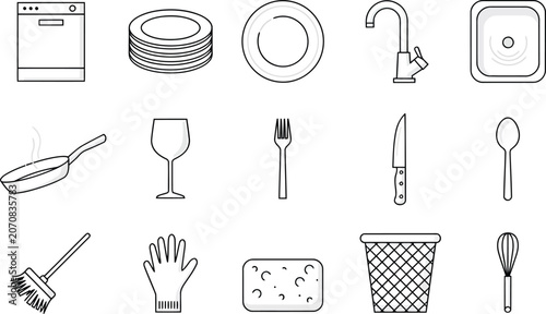 Kitchenware and household cleaning utensils black and white line icon set