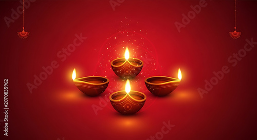 Illuminated clay lamps with decorative patterns on a deep red background