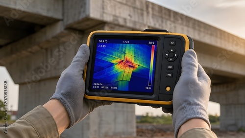 Gloved hands holding thermal imaging camera to scan concrete bridge structure for temperature heat anomalies
