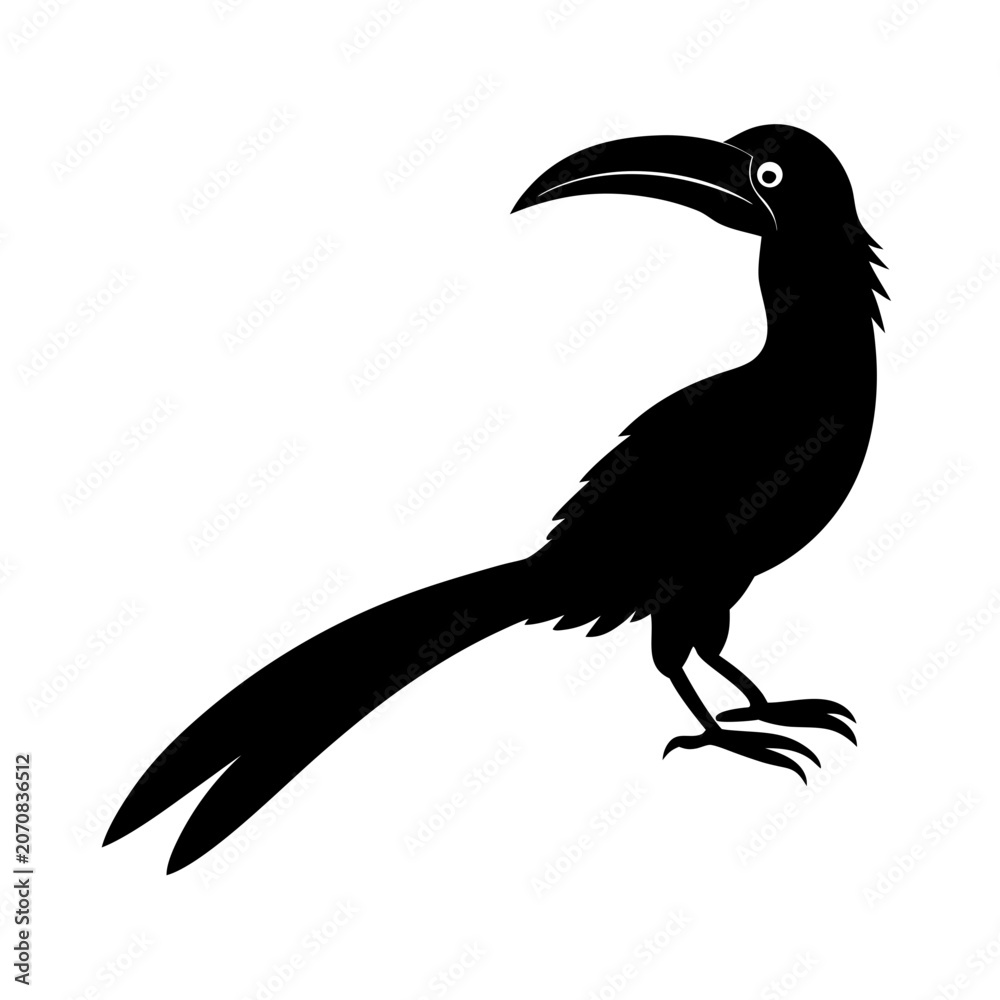 Obraz premium Silhouette of hornbill bird with long curved beak and tail on checkered background