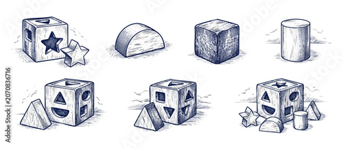 Εκτύπωση καμβά Wooden shape sorter toy blocks vintage sketch style isolated on white background