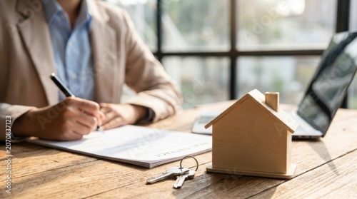 Business professional signs real estate contract with wooden house model and keys on office desk background.