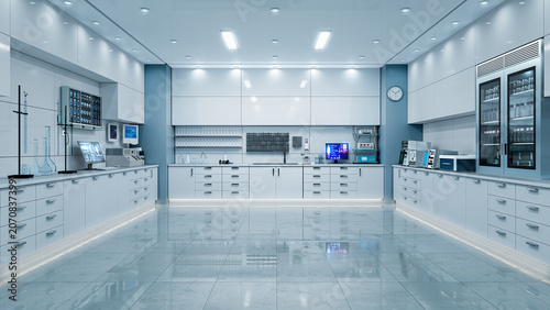 Modern laboratory workspace with microscope and chemical glassware. 3d illustration