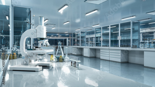 Modern laboratory workspace with microscope and chemical glassware and blurred background. 3d illustration
