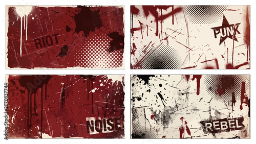 Φωτογραφία Set of four abstract grunge banners with paint splatters and halftone dots vector illustration