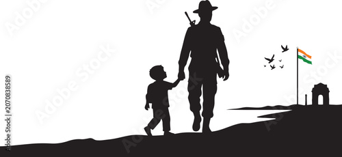 Indian Soldier and Child Silhouette with Indian Flag, Patriotism and National Pride Vector Illustration