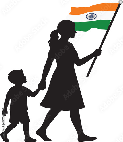 Indian Woman Holding National Flag with Child Silhouette, Patriotism and Independence Day Celebration Vector
