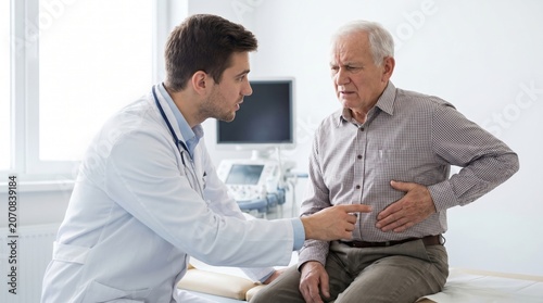 A doctor in a white coat speaks to an older man sitting on an exam table in a medical office. The patient holds his stomach and looks concerned while listening to the doctor