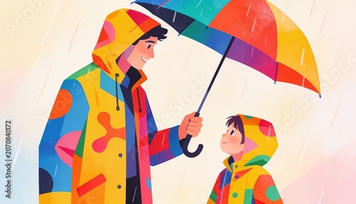 Rainbow Refuge: A parent and child find shelter under a vibrant, colorful umbrella, their matching raincoats mirroring the joyful hues of the umbrella, creating a cheerful scene amidst a gentle rain.
