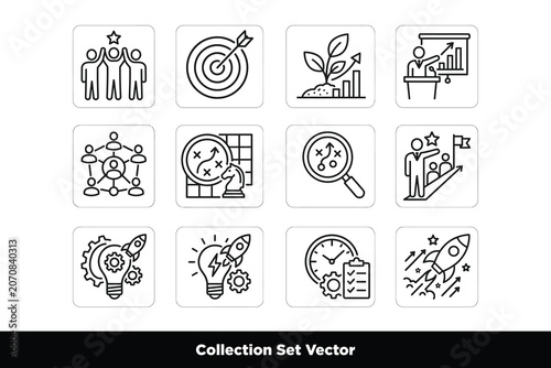 Square Line Art Business Management and Marketing Icon Set