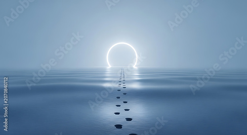 Illuminated circular arch over calm water with footprints leading towards it circle