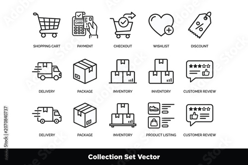 E-commerce Shopping and Shipping Line Vector Icon Set with Label
