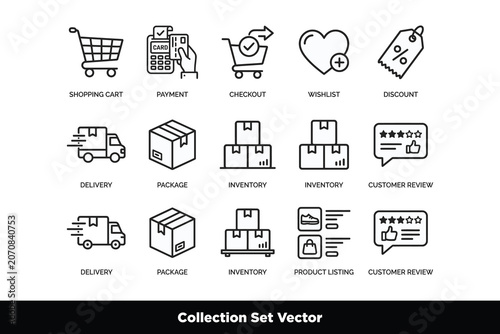 Minimal E-commerce and Logistics Outline Vector Icon Collection