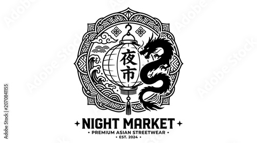 Foto Night Market Dragon Badge Vector Illustration
