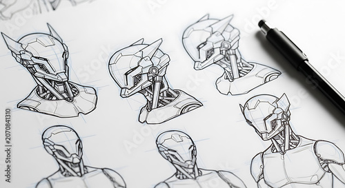 Robot helmet sketches with pen on white paper detailed line illustrations helmets