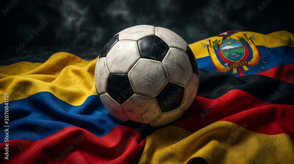 Naklejka premium Soccer ball resting on the flags of ecuador and germany